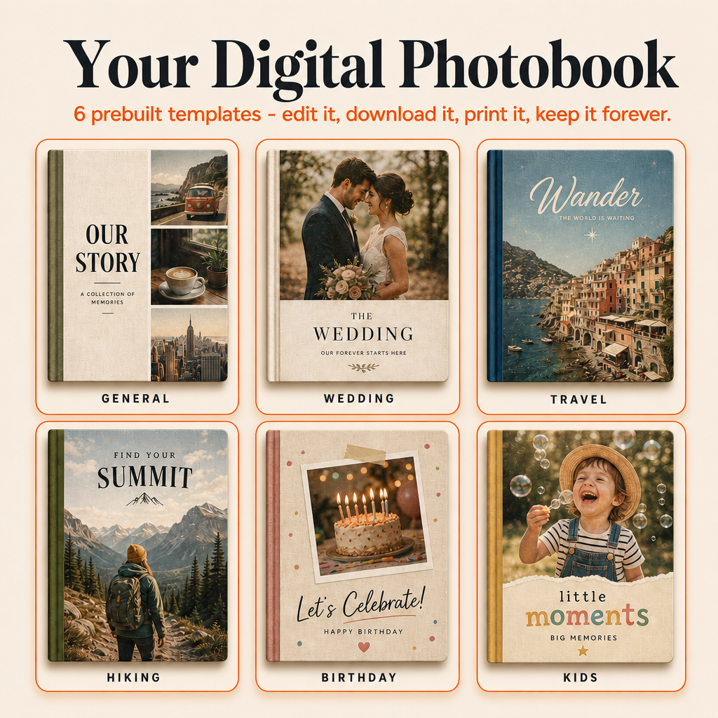 Pikko Digital Kit - 6 Digital Photobook Templates for Travel, Weddings, Birthdays & More