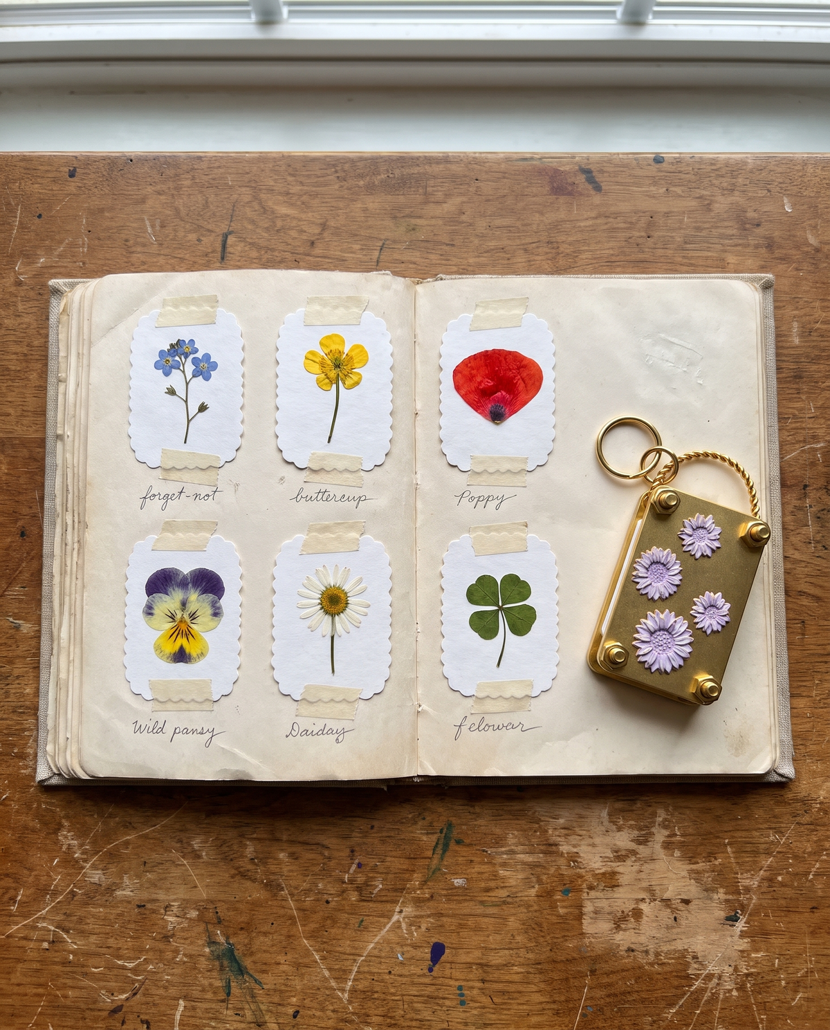 Pressed trail flowers taped into a journal