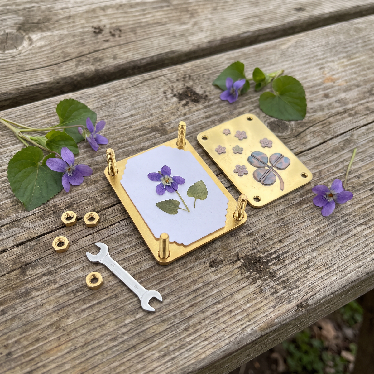 Posy opened with a pressed violet on blotting paper