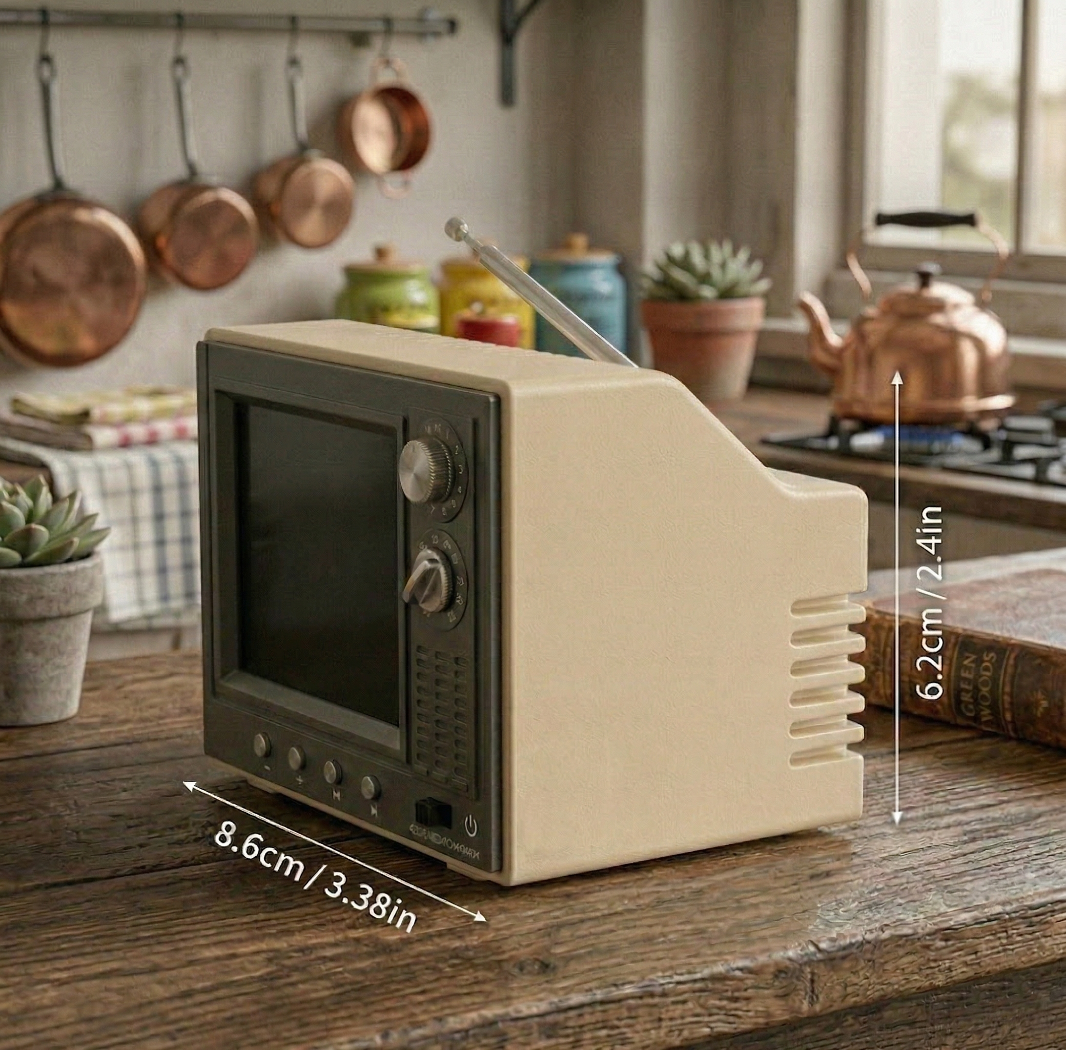 Retro TV size, about 8.6 by 6.2 cm