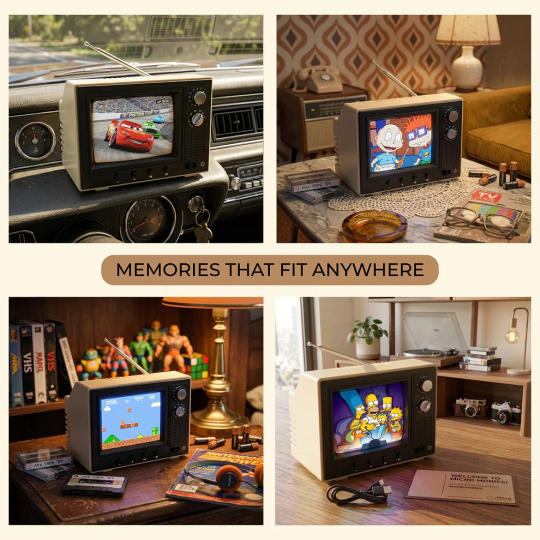 Retro TV playing memories on a desk, shelf and nightstand