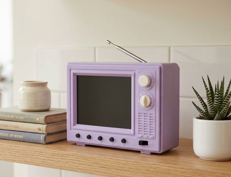 Retro TV mini television in lilac on a shelf