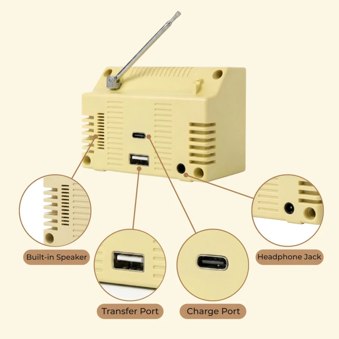 Retro TV ports, built-in speaker, transfer port, charge port and headphone jack